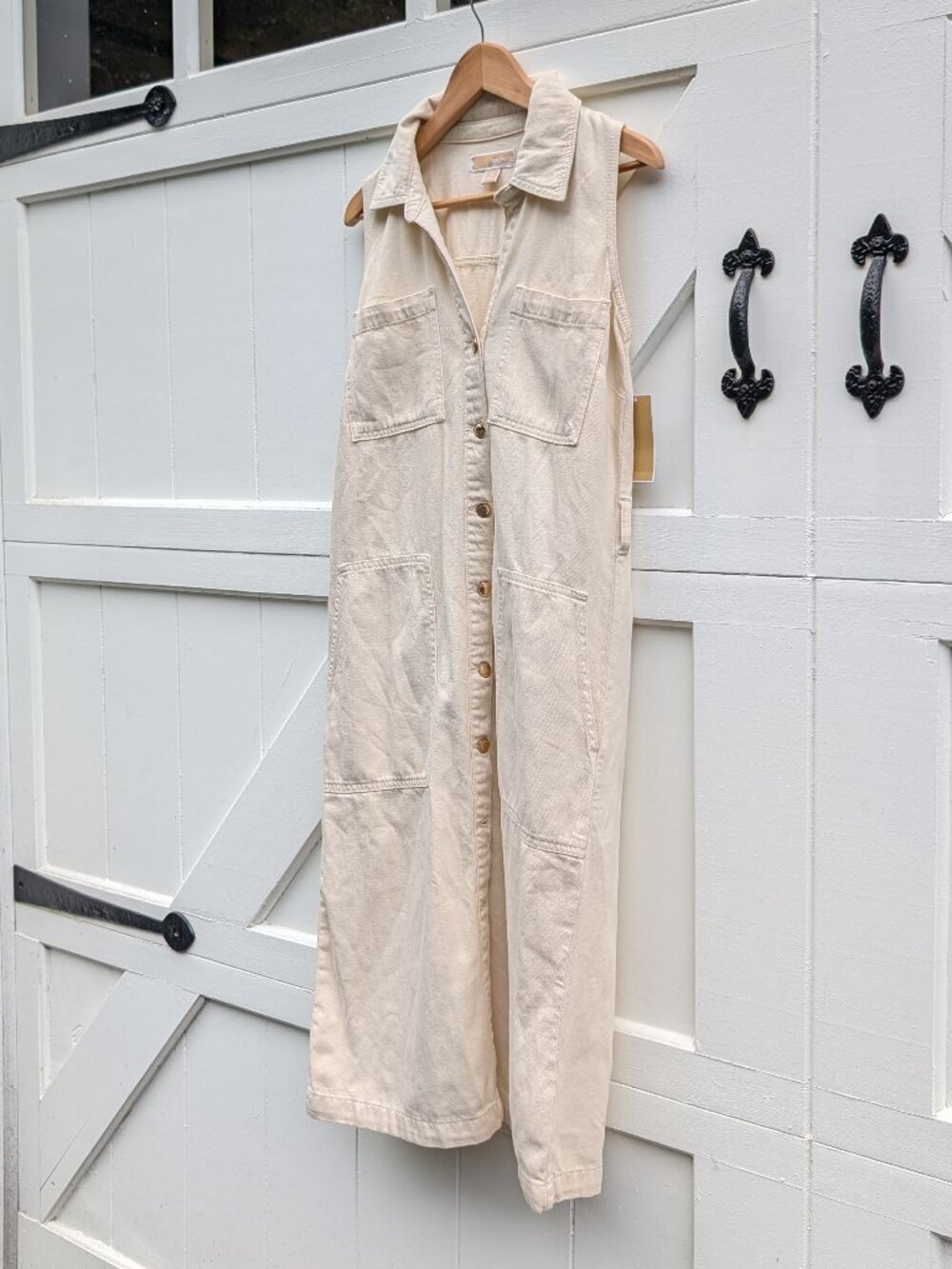 NWT MICHAEL Michael Kors Bone Cream Sleeveless Denim Utility Midi Shirt Dress M